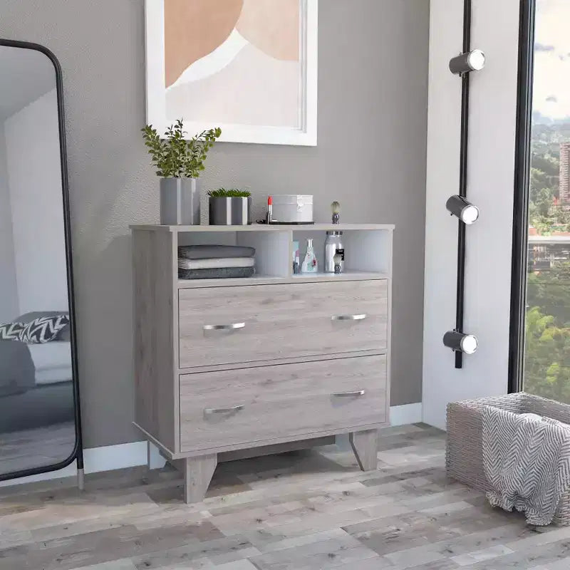Commode de chambre à coucher moderne Okak avec 2 grands tiroirs et 2 étagères ouvertes, meuble de rangement à quatre pieds pour salon, couloir, entrée