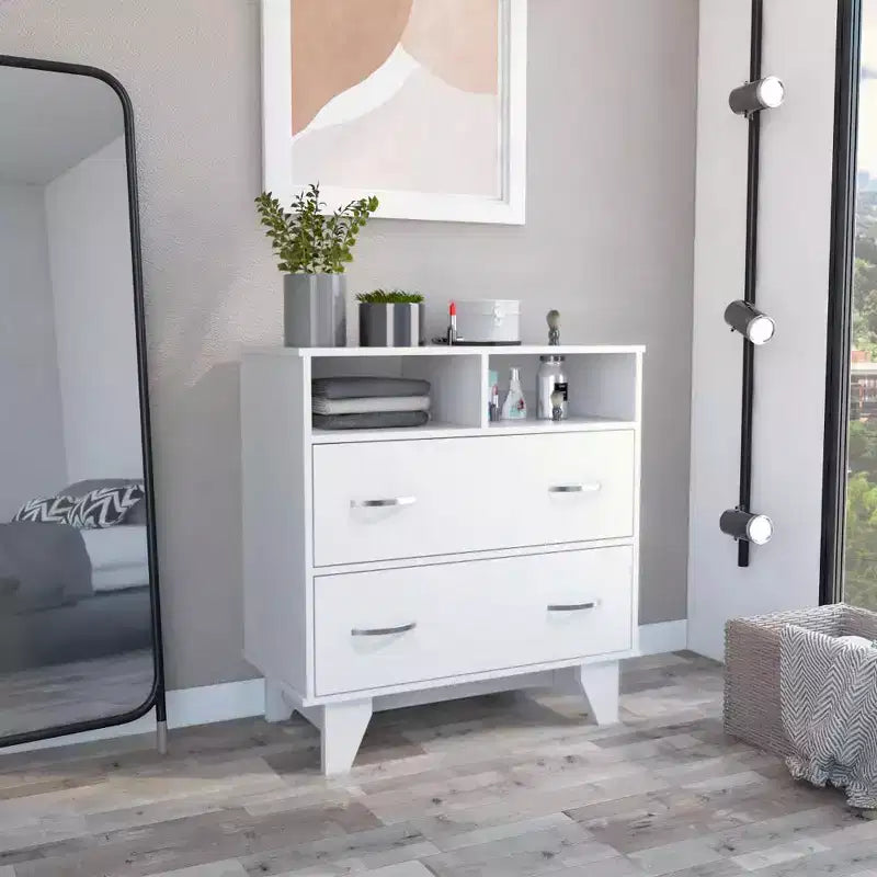 Okak Modern Bedroom Dresser Nightstand with 2 Large Drawers & 2 Open Shelves, Four Legs Chest Cabinet for Living Room Hallway Entryway