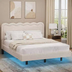 Dyonery Queen fabric bed frame with LED lights, floating bed frame with wavy headboard, no springs required, easy to assemble