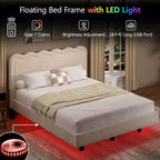 Lit double Dyonery Queen avec lumières LED, cadre flottant avec tête de lit ondulée, pas de sommier à ressorts requis, facile à assembler