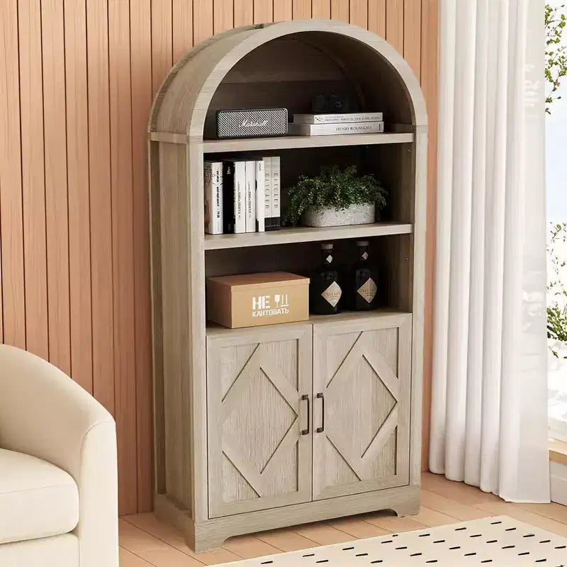 Dyonery 71 Tall Arched Bookcase Cabinet with Doors,5 Tier Mid-Century Modern Arched Cabinets with Storage&Open Adjustable Shelves,for Any Room, Gray