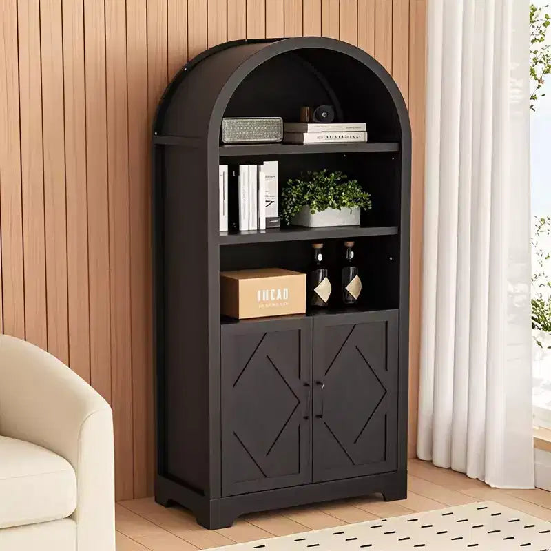 Dyonery 71" Grande Bibliothèque en Arc avec Portes, Armoires Incurvées Modernes du Milieu du Siècle à 5 Niveaux avec Rangement et Étagères Ouvertes Réglables, pour Toute Pièce, Gris