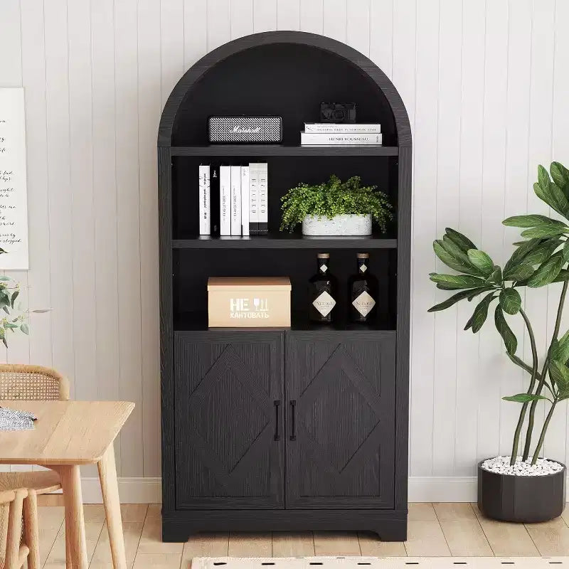 Dyonery 71" Grande Bibliothèque en Arc avec Portes, Armoires Incurvées Modernes du Milieu du Siècle à 5 Niveaux avec Rangement et Étagères Ouvertes Réglables, pour Toute Pièce, Gris