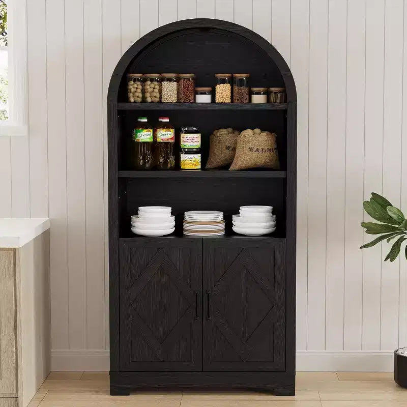Dyonery 71" Grande Bibliothèque en Arc avec Portes, Armoires Incurvées Modernes du Milieu du Siècle à 5 Niveaux avec Rangement et Étagères Ouvertes Réglables, pour Toute Pièce, Gris