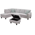 Canapé d'angle Okak 98 avec pouf modulable et 2 coussins décoratifs, chaise longue moderne en lin pour salon, appartement