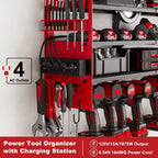 Hausource Étagères de Rangement pour Outils Électriques à 12 Emplacements avec Panneau Perforé, Étagère de Rangement pour Perceuses à 4 Niveaux et Multiprise