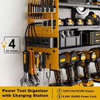 Hausource Étagères de Rangement pour Outils Électriques à 12 Emplacements avec Panneau Perforé, Étagère de Rangement pour Perceuses à 4 Niveaux et Multiprise
