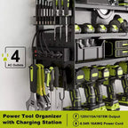 Hausource Étagères de Rangement pour Outils Électriques à 12 Emplacements avec Panneau Perforé, Étagère de Rangement pour Perceuses à 4 Niveaux et Multiprise