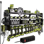 Hausource 12-Slot Power Tool Organizer Storage Racks with Pegboard, 4-Tier Drill Rack & Power Strip