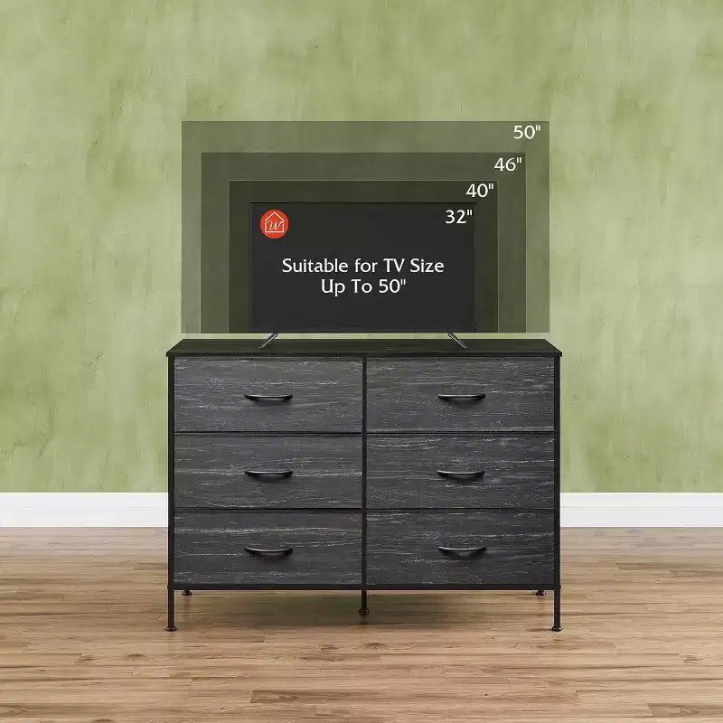 GALAXHERO Commode large à 6 tiroirs, Meuble TV pour téléviseur de 50 pouces, Centre de divertissement avec cadre en métal, Plateau en bois, Commode de rangement en tissu pour chambre à coucher