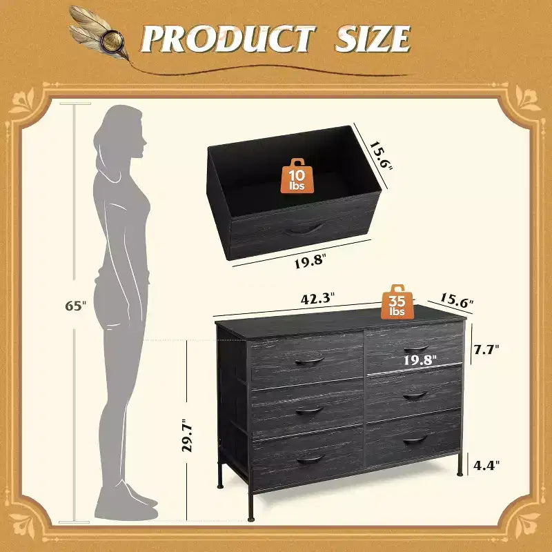 GALAXHERO Commode large à 6 tiroirs, Meuble TV pour téléviseur de 50 pouces, Centre de divertissement avec cadre en métal, Plateau en bois, Commode de rangement en tissu pour chambre à coucher