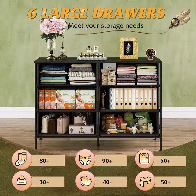 GALAXHERO Commode large à 6 tiroirs, Meuble TV pour téléviseur de 50 pouces, Centre de divertissement avec cadre en métal, Plateau en bois, Commode de rangement en tissu pour chambre à coucher