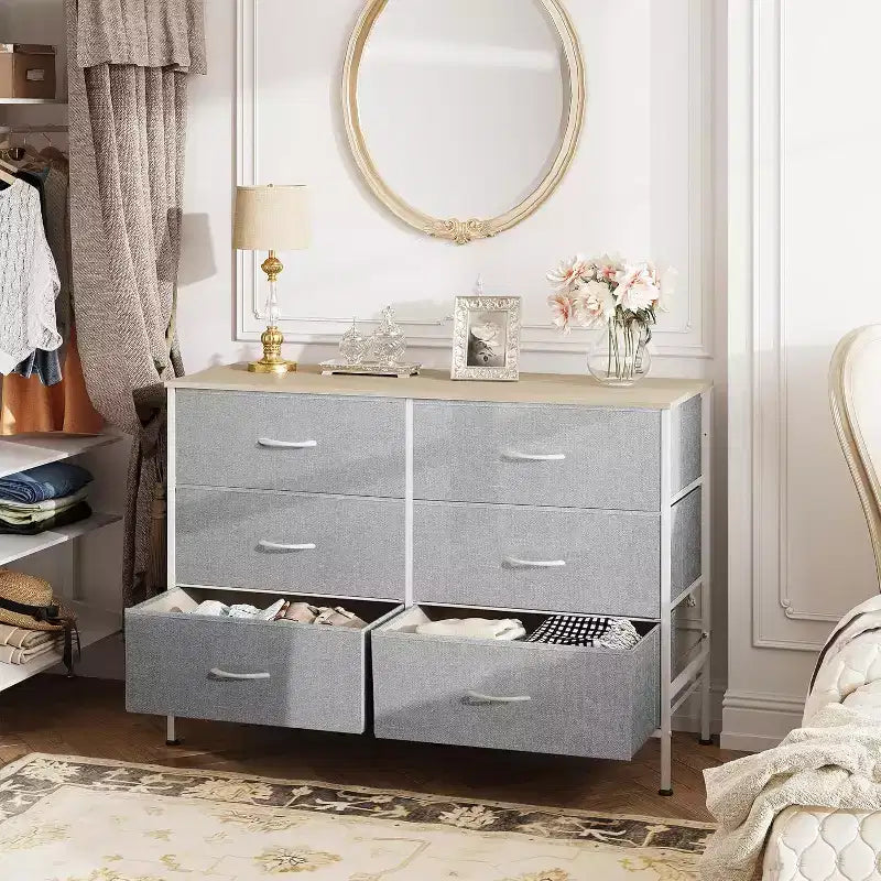 GALAXHERO Commode large à 6 tiroirs, Meuble TV pour téléviseur de 50 pouces, Centre de divertissement avec cadre en métal, Plateau en bois, Commode de rangement en tissu pour chambre à coucher