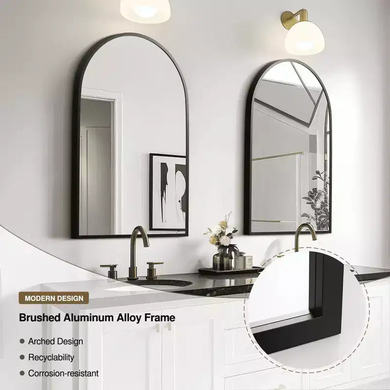 MAYEERTY Miroir suspendu double face arqué à angle droit, à bord fin en aluminium, noir, de 35,83x24,02x1,10 pouces