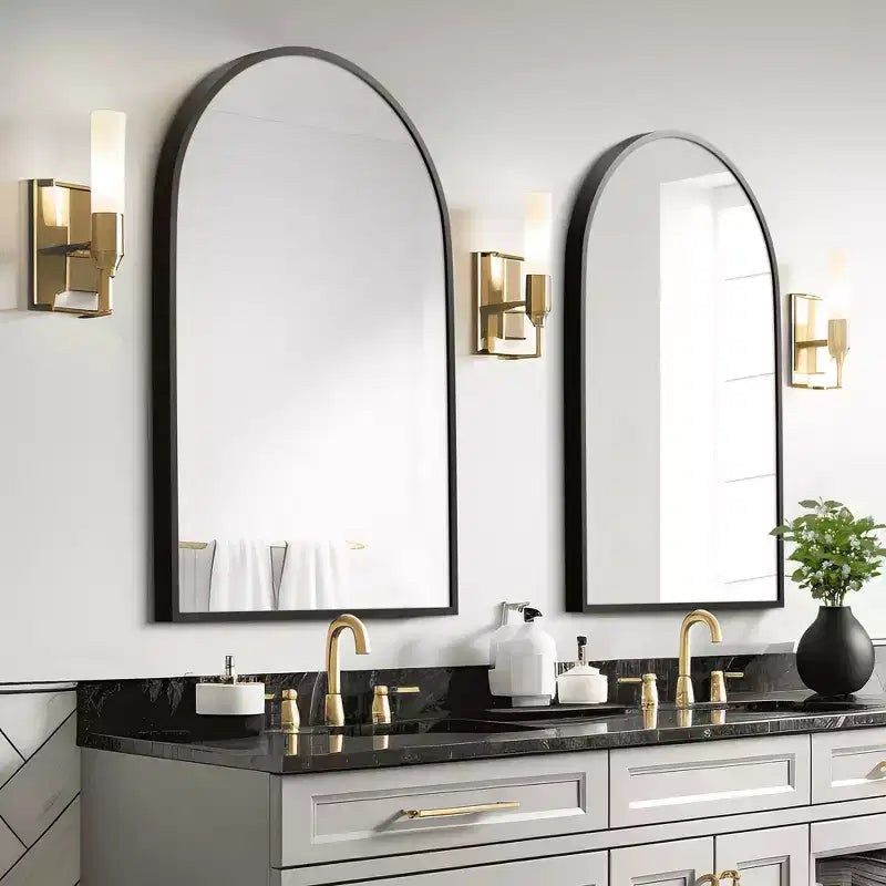 MAYEERTY Miroir suspendu double face arqué à angle droit, à bord fin en aluminium, noir, de 35,83x24,02x1,10 pouces