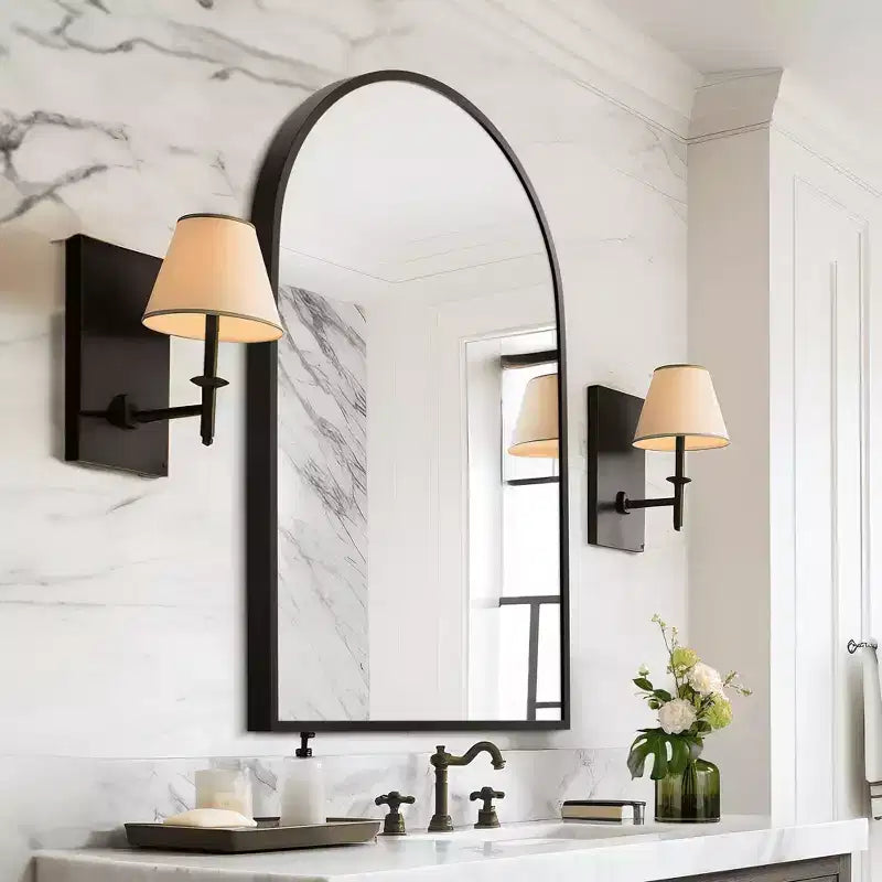 MAYEERTY Miroir suspendu double face arqué à angle droit, à bord fin en aluminium, noir, de 35,83x24,02x1,10 pouces