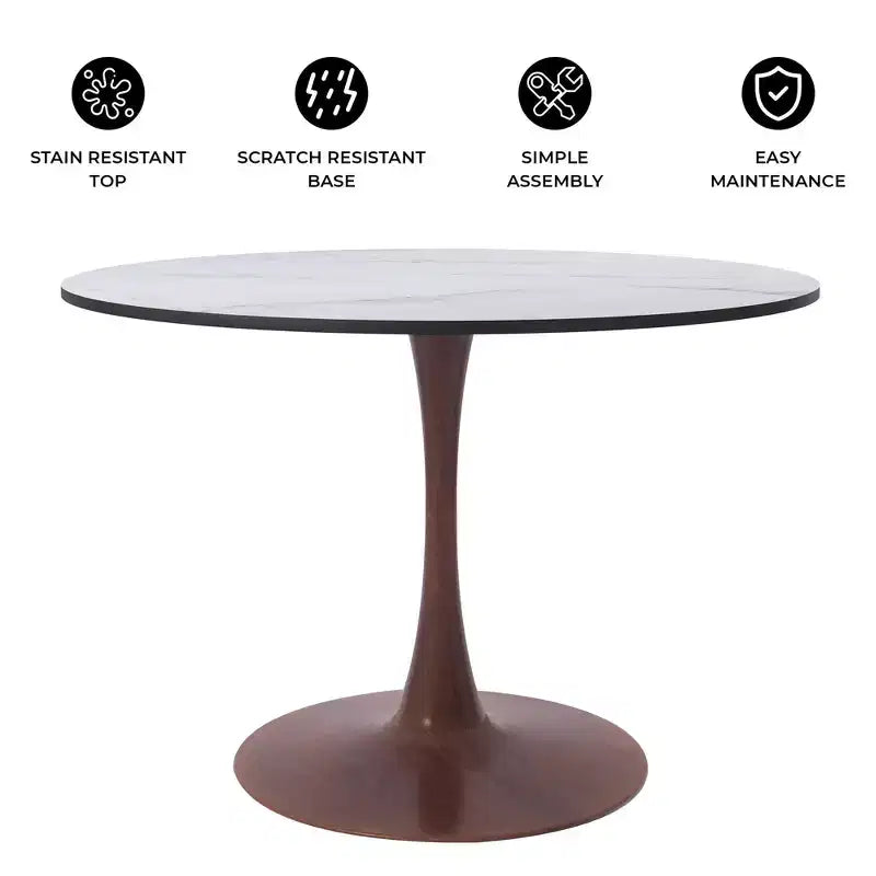 Table de salle à manger ronde moderne LeisureMod Bristol 35'' avec plateau en MDF durable et base en acier noyer à transfert de bois pour cuisine, salle à manger ou cafés