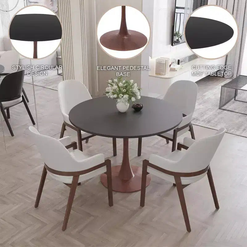 Table de salle à manger ronde moderne LeisureMod Bristol 35'' avec plateau en MDF durable et base en acier noyer à transfert de bois pour cuisine, salle à manger ou cafés