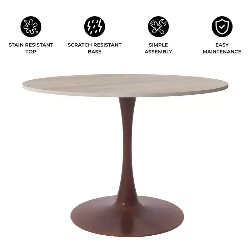 Table de salle à manger ronde moderne LeisureMod Bristol 35'' avec plateau en MDF durable et base en acier noyer à transfert de bois pour cuisine, salle à manger ou cafés