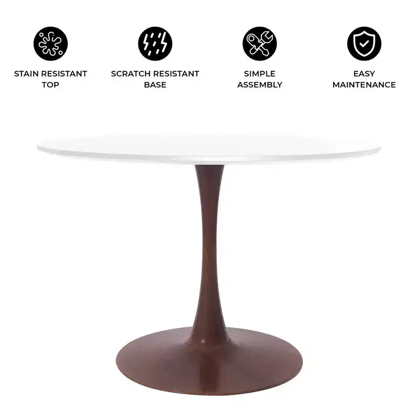 Table de salle à manger ronde moderne LeisureMod Bristol 35'' avec plateau en MDF durable et base en acier noyer à transfert de bois pour cuisine, salle à manger ou cafés