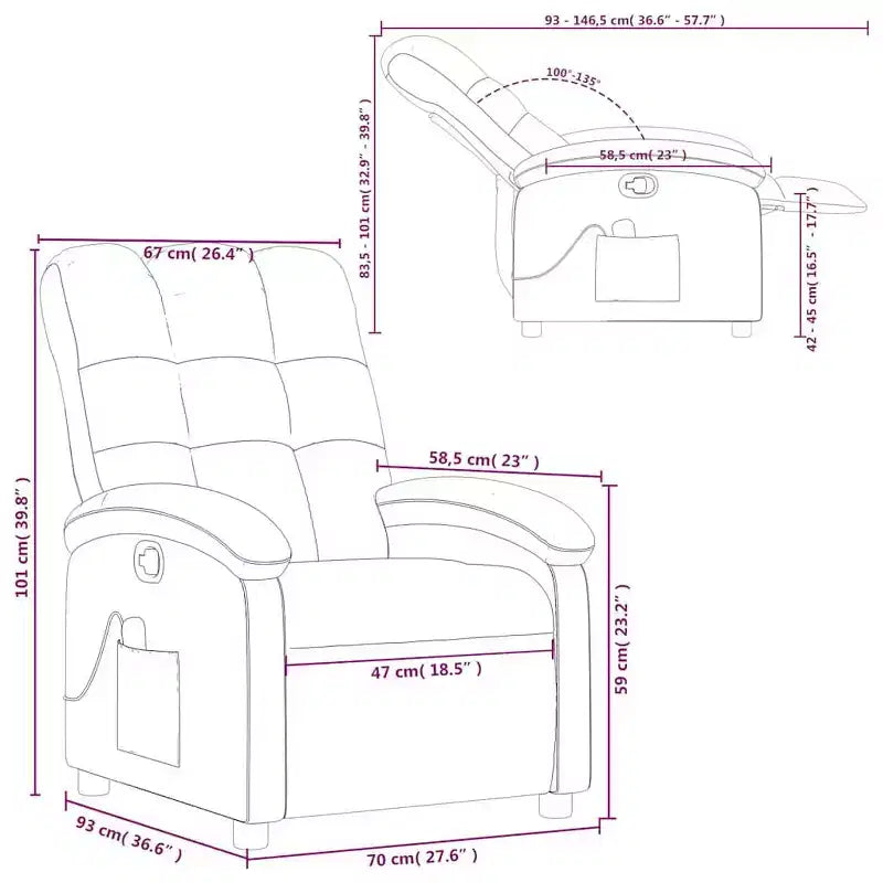vidaXL Fauteuil inclinable de massage en tissu gris clair - Inclinaison manuelle, chaise longue vibrante pour maison/salon avec USB, accoudoir confortable, poche latérale - Gris