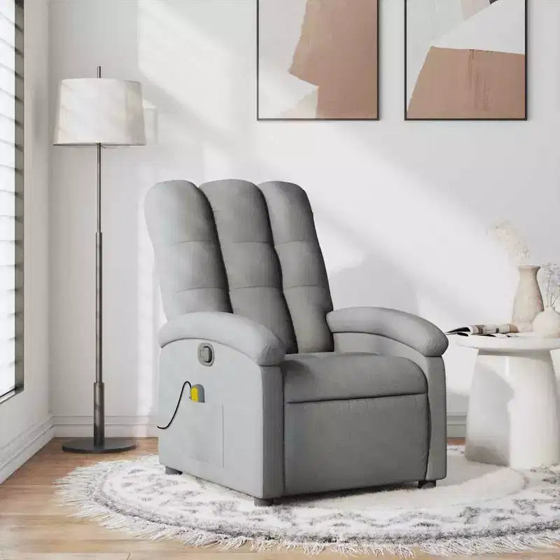 vidaXL Fauteuil inclinable de massage en tissu gris clair - Inclinaison manuelle, chaise longue vibrante pour maison/salon avec USB, accoudoir confortable, poche latérale - Gris