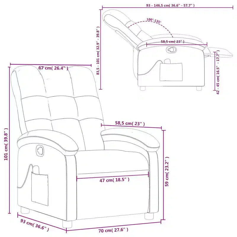 vidaXL Fauteuil inclinable de massage en tissu gris clair - Inclinaison manuelle, chaise longue vibrante pour maison/salon avec USB, accoudoir confortable, poche latérale - Gris
