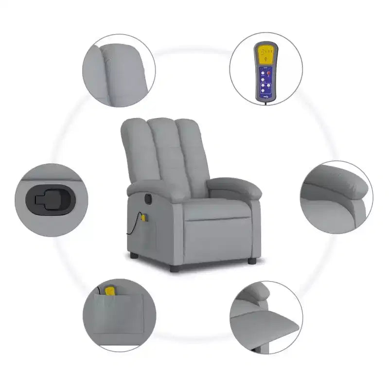 vidaXL Fauteuil inclinable de massage en tissu gris clair - Inclinaison manuelle, chaise longue vibrante pour maison/salon avec USB, accoudoir confortable, poche latérale - Gris