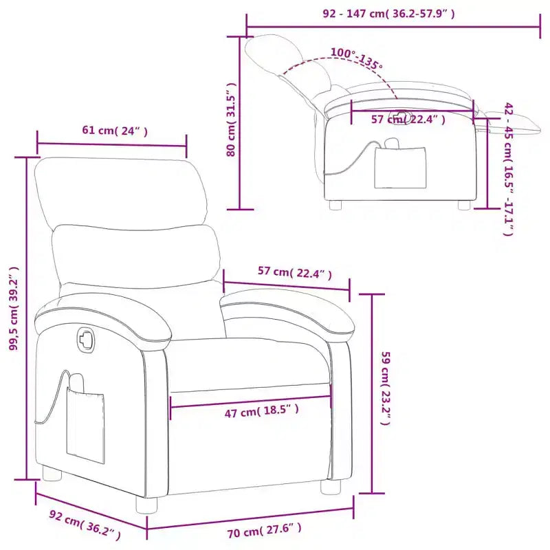 vidaXL Fauteuil inclinable de massage en tissu gris foncé - Fauteuil de relaxation manuel réglable avec vibration, poche latérale, rembourrage épais