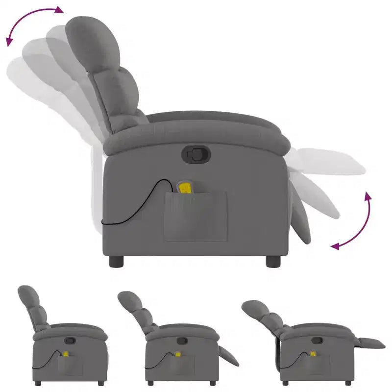 vidaXL Fauteuil inclinable de massage en tissu gris foncé - Fauteuil de relaxation manuel réglable avec vibration, poche latérale, rembourrage épais