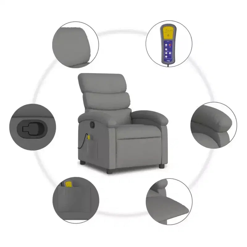 vidaXL Fauteuil inclinable de massage en tissu gris foncé - Fauteuil de relaxation manuel réglable avec vibration, poche latérale, rembourrage épais