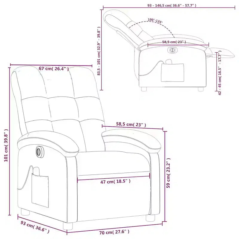 vidaXL Fauteuil inclinable de massage électrique - Dossier haut, Tissu noir, Réglage motorisé, 6 points de vibration, Fauteuil avec pochette de rangement
