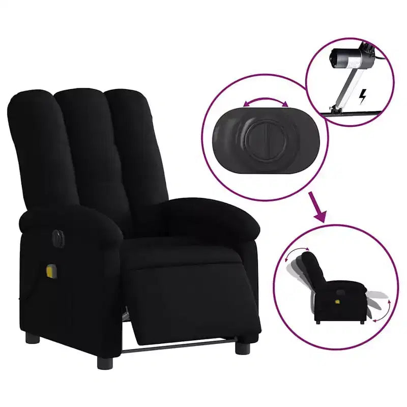 vidaXL Fauteuil inclinable de massage électrique - Dossier haut, Tissu noir, Réglage motorisé, 6 points de vibration, Fauteuil avec pochette de rangement