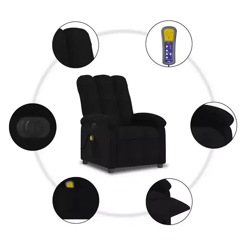 vidaXL Fauteuil inclinable de massage électrique - Dossier haut, Tissu noir, Réglage motorisé, 6 points de vibration, Fauteuil avec pochette de rangement