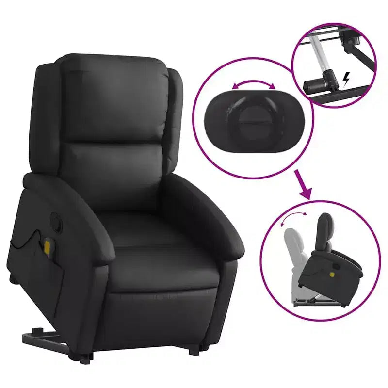 vidaXL Fauteuil inclinable électrique noir en cuir avec massage et inclinaison manuelle, fauteuil rembourré en mousse confortable pour personnes âgées