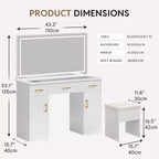 WAYES 43.3 Coiffeuse avec plateau en verre transparent, miroir LED, station de recharge et tabouret de rangement - Blanc moderne