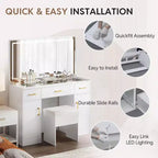 WAYES 43.3 Coiffeuse avec plateau en verre transparent, miroir LED, station de recharge et tabouret de rangement - Blanc moderne