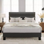 Bed Frame with Adjustable Headboard, Linen Fabric Upholstered, Heavy Duty Mattress Foundation, No Box Spring Needed