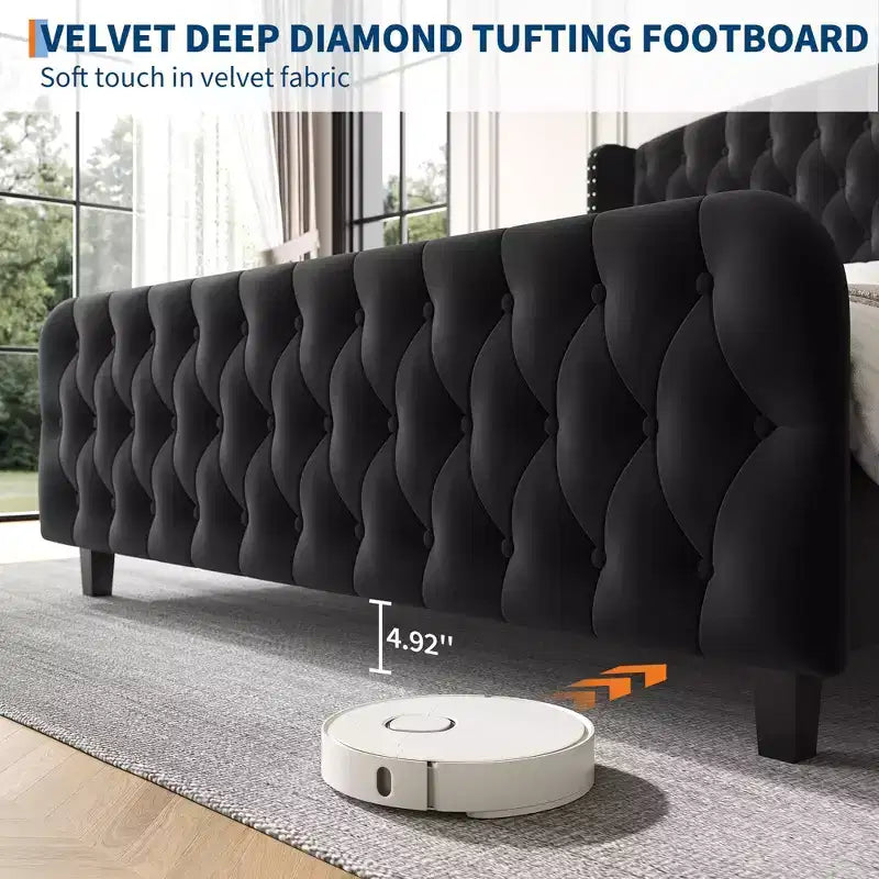 Cadre de lit avec tête de lit et pied de lit à oreilles, capitonnés profonds, plateforme rembourrée en velours, sans sommier, montage facile
