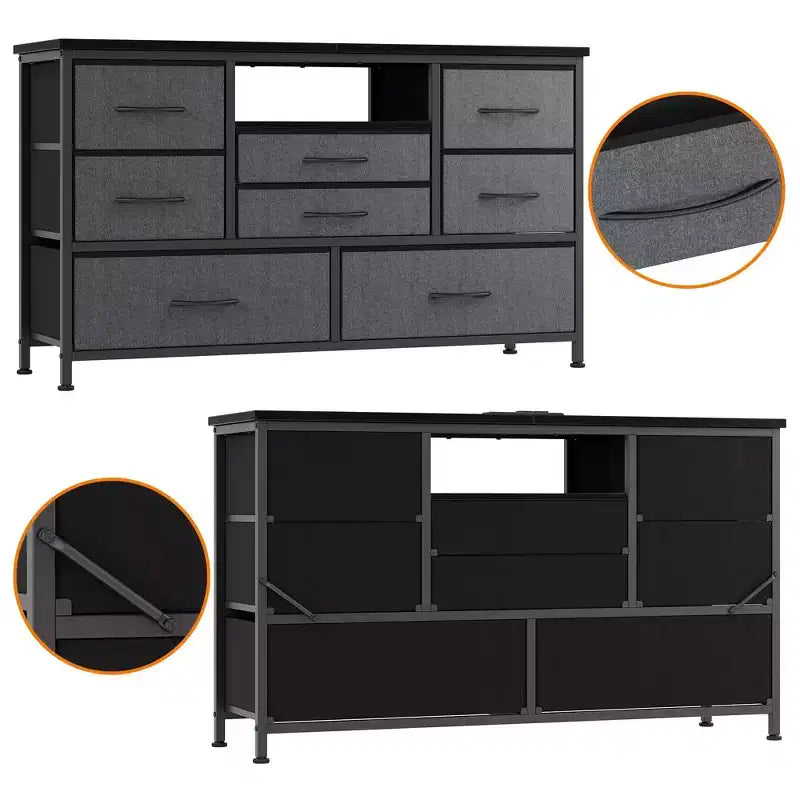 Meuble TV commode avec prise de courant et lumières LED pour téléviseur de 55", centre de divertissement à 8 tiroirs, commode en tissu avec plateau en bois, noir