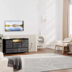 Meuble TV commode avec prise de courant et lumières LED pour téléviseur de 55", centre de divertissement à 8 tiroirs, commode en tissu avec plateau en bois, noir