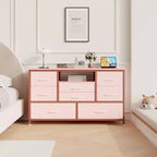 Meuble TV commode avec prise de courant et lumières LED pour téléviseur de 55", centre de divertissement à 8 tiroirs, commode en tissu avec plateau en bois, noir