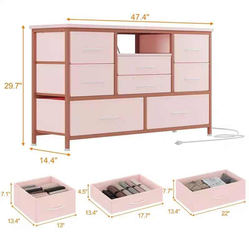 Meuble TV commode avec prise de courant et lumières LED pour téléviseur de 55", centre de divertissement à 8 tiroirs, commode en tissu avec plateau en bois, noir