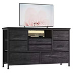 Meuble TV commode avec prise de courant et lumières LED pour téléviseur de 55", centre de divertissement à 8 tiroirs, commode en tissu avec plateau en bois, noir