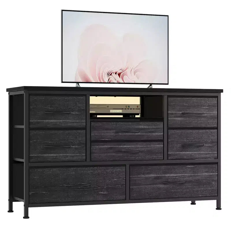 Meuble TV commode avec prise de courant et lumières LED pour téléviseur de 55", centre de divertissement à 8 tiroirs, commode en tissu avec plateau en bois, noir
