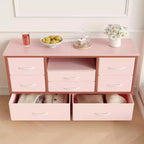 Meuble TV commode avec prise de courant et lumières LED pour téléviseur de 55", centre de divertissement à 8 tiroirs, commode en tissu avec plateau en bois, noir