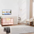 Meuble TV commode avec prise de courant et lumières LED pour téléviseur de 55", centre de divertissement à 8 tiroirs, commode en tissu avec plateau en bois, noir