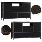 Meuble TV commode avec prise de courant et lumières LED pour téléviseur de 55", centre de divertissement à 8 tiroirs, commode en tissu avec plateau en bois, noir
