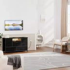 Meuble TV commode avec prise de courant et lumières LED pour téléviseur de 55", centre de divertissement à 8 tiroirs, commode en tissu avec plateau en bois, noir