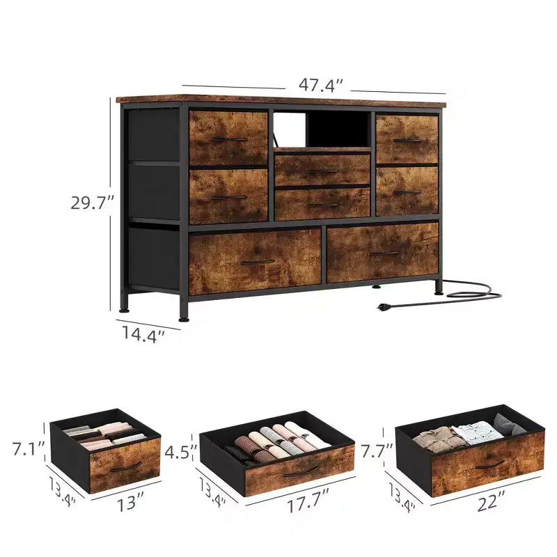 Meuble TV commode avec prise de courant et lumières LED pour téléviseur de 55", centre de divertissement à 8 tiroirs, commode en tissu avec plateau en bois, noir
